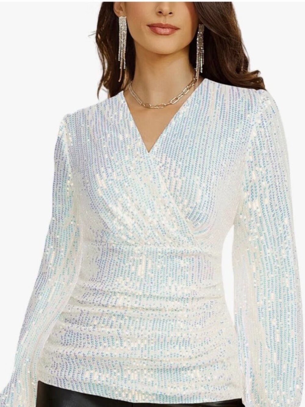 Women's White Sparkly Sequin Wrap Top